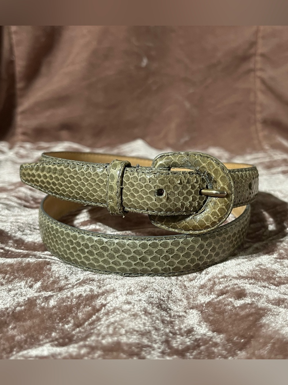 Vintage Genuine Snakeskin Sage Green Thin Belt - Women's